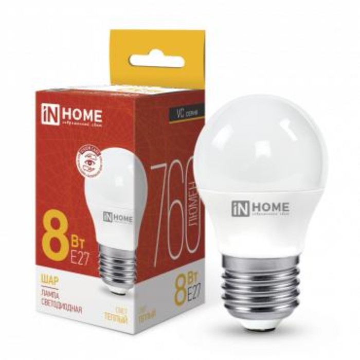 Лампа светодиодная IN HOME, E27, 8 Вт, 760 лм, 3000 К, свечение тёплое белое - Фото 1