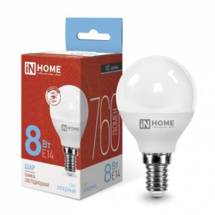Лампа светодиодная IN HOME, E14, 8 Вт, 760 лм, 6500 К, свечение холодное белое - Фото 1