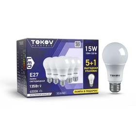 Лампа светодиодная Tokov Electric, E27, 15 Вт, 4000 К, свечение белое