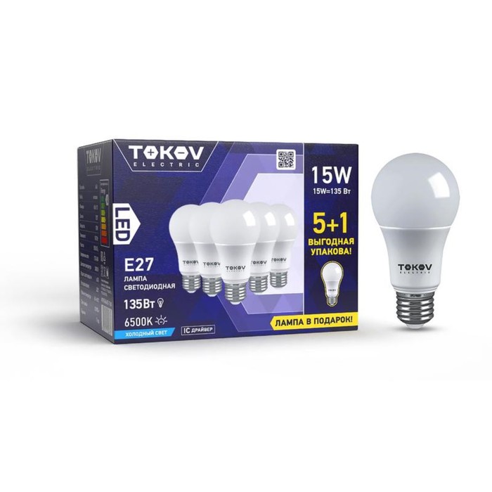 Лампа светодиодная Tokov Electric, E27, 15 Вт, 6500 К, свечение холодное белое - Фото 1