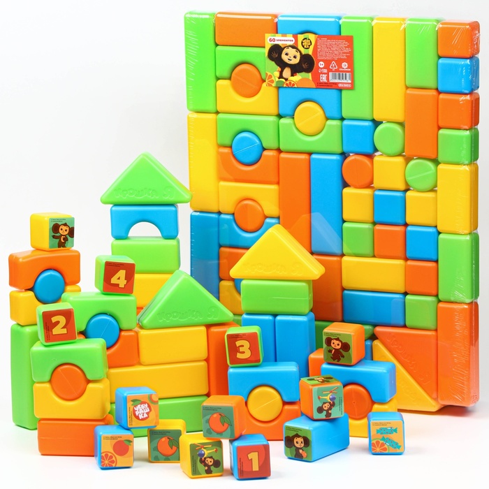 Набор цветных кубиков, "Чебурашка", 60 элементов, 4х4 см - фото 1906729596