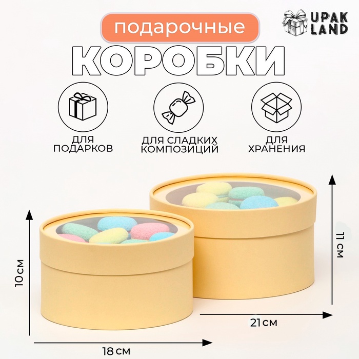Набор 2 в 1 круглых коробок с окном, кремовый, 21 х 11 - 18 х 10 см - Фото 1