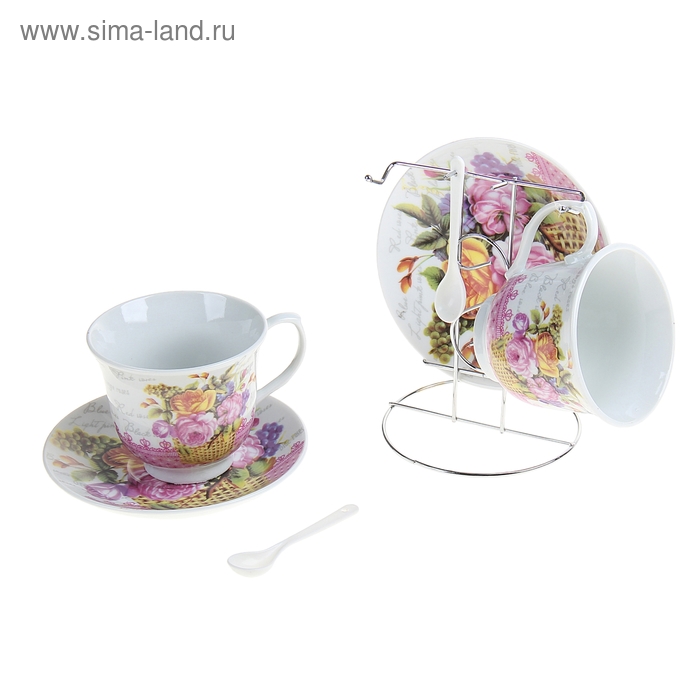 Набор чайный на металл. подставке 6 предметов "Розовый сад": чашка 250 мл, блюдца, ложечки - Фото 1