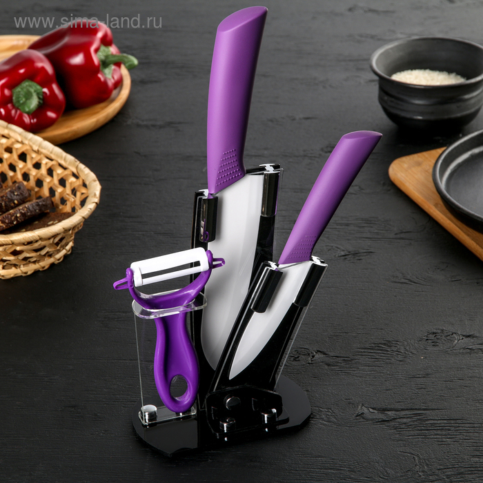 Набор кухонный на подставке, 3 предмета: ножи 10 см, 15,5 см, цвет фиолетовый - Фото 1