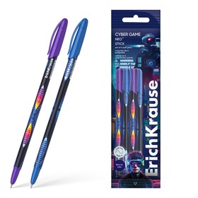 Набор ручек шариковых 4 штуки, ErichKrause "Neo Stick Cyber Game" игольчатый узел 0.7 мм, чернила синие, микс