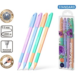 Набор ручек шариковых 4 штуки, ErichKrause U-109 Stick&Grip Pastel Bloom, узел 1.0 мм, чернила синие, резиновый держатель, длина линии письма 1000 метров 10524968