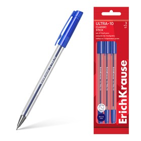 Набор ручек шариковых, 3 штуки, ErichKrause ULTRA-10 Stick Classic игольчатый узел 0.7 мм, чернила синие, прозрачный корпус