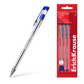 Набор ручек шариковых 3 штуки, ErichKrause ULTRA-20 Stick Classic игольчатый узел 0.7 мм, чернила синие, прозрачный корпус