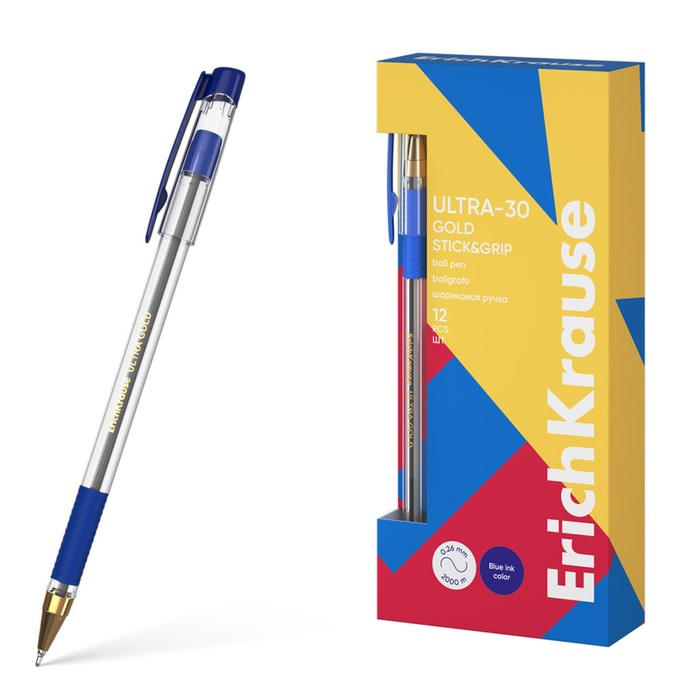 

Ручка шариковая ErichKrause ULTRA-30 Gold Stick&Grip Classic, узел 0.7 мм, резиновый держатель, чернила синие, длина линии письма 2000 метров