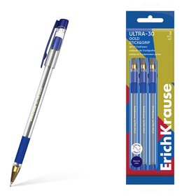 Набор ручек шариковых 3 штуки, ErichKrause ULTRA-30 Gold Stick&Grip Classic игольчатый узел 0.7 мм, цвет синий