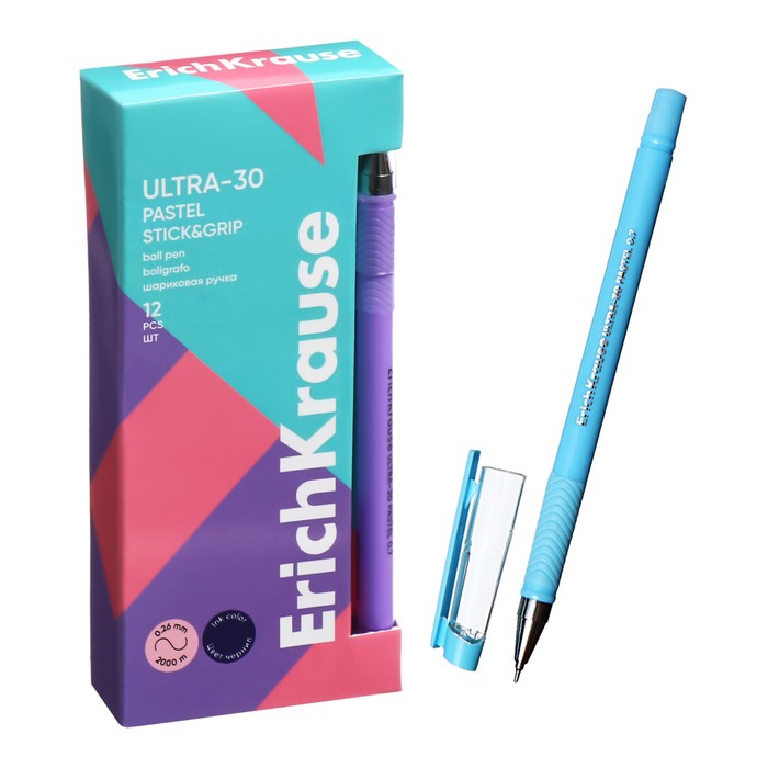 Ручка шариковая, ErichKrause, ULTRA-30 Stick&Grip Pastel" узел 0.7 мм цвет синяя