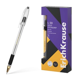 Ручка шариковая ErichKrause L-30, Gold Stick&Grip Classic, игольчатый узел 0.7 мм, черная, резиновый держатель, супер мягкое письмо
