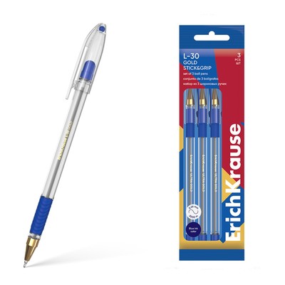 Набор ручек шариковых 3 штуки, ErichKrause L-30 Gold Stick&Grip Classic игольчатый узел 0.7 мм, чернила синие, прозрачный корпус