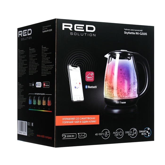 Чайник электрический RED Solution SkyKettle RK-G210S, стекло, 1.7 л, 2200 Вт, чёрный