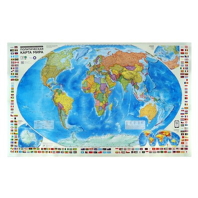 Карта настенная "Мир Политический с флагами", ГеоДом, 124х80 см, 1:24 млн