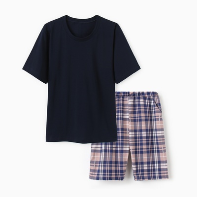 Пижама мужская (футболка/шорты), цвет синий/клетка, размер 48