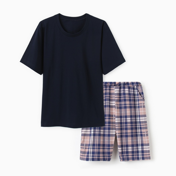 Пижама мужская (футболка/шорты), цвет синий/клетка, размер 48 - Фото 1