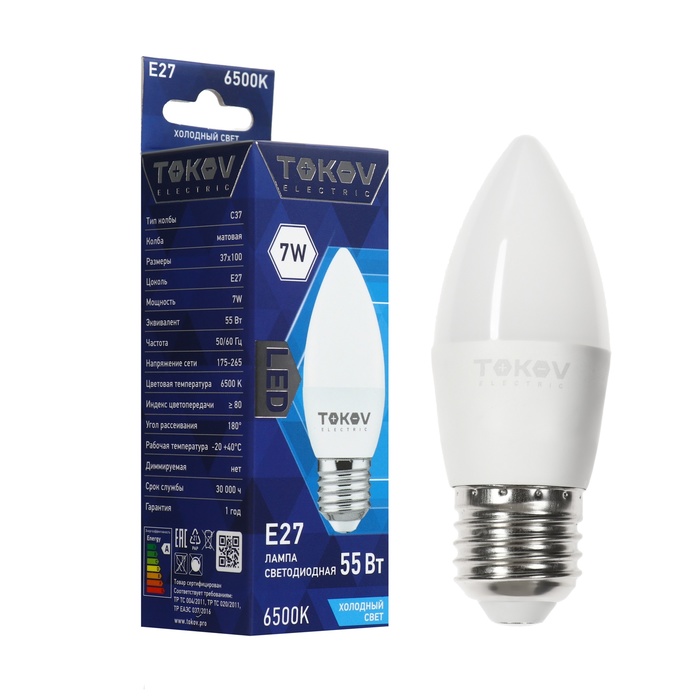 

Лампа светодиодная TOKOV ELECTRIC, 7 Вт, С37, 6500 К, Е27, 176-264В