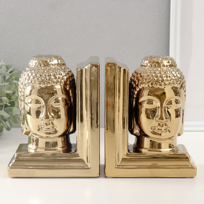 Держатели для книг керамика "Голова Будды" набор 2 шт золото 14,5х10х18,5 см - фото 1909663343