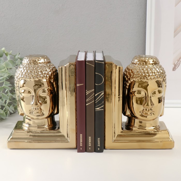 Держатели для книг керамика "Голова Будды" набор 2 шт золото 14,5х10х18,5 см - фото 1928650854