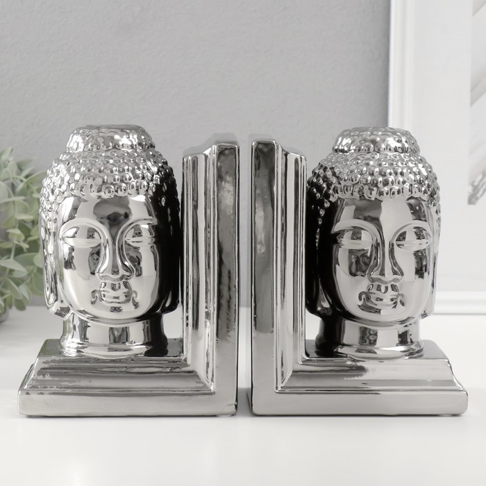 Держатели для книг керамика &quot;Голова Будды&quot; набор 2 шт серебро 14,5х10х18,5 см