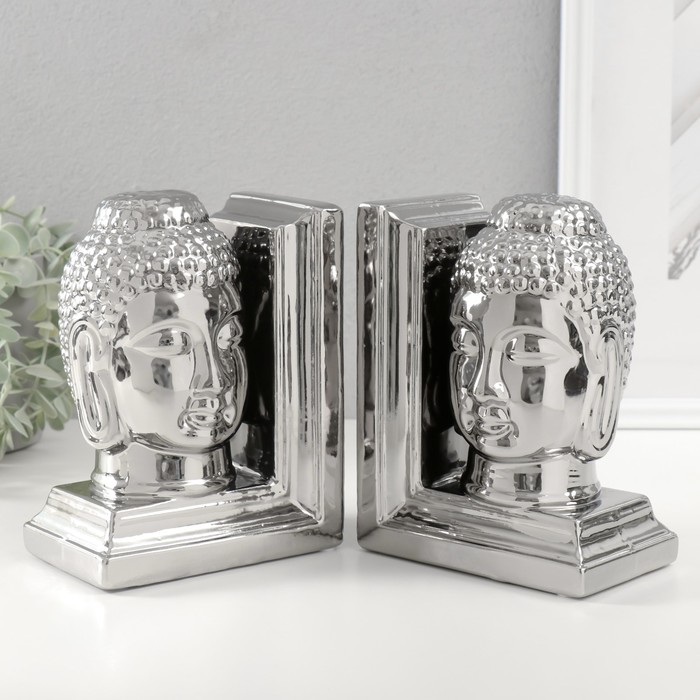 Держатели для книг керамика "Голова Будды" набор 2 шт серебро 14,5х10х18,5 см - фото 1928650856
