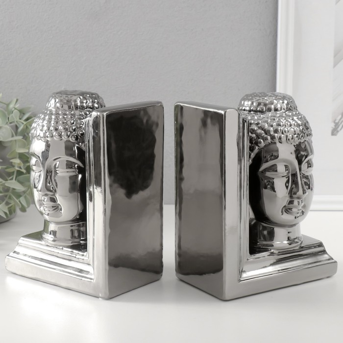 Держатели для книг керамика "Голова Будды" набор 2 шт серебро 14,5х10х18,5 см - фото 1909663349