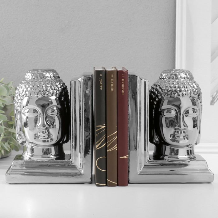 Держатели для книг керамика "Голова Будды" набор 2 шт серебро 14,5х10х18,5 см - фото 1909663350