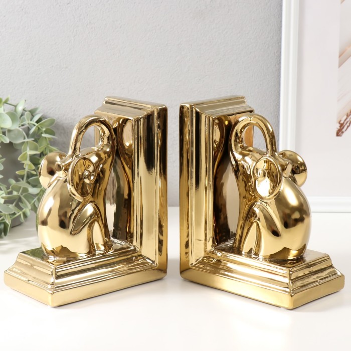 Держатели для книг керамика "Слоны" набор 2 шт золото 14,5х9х18 см - фото 1909663352