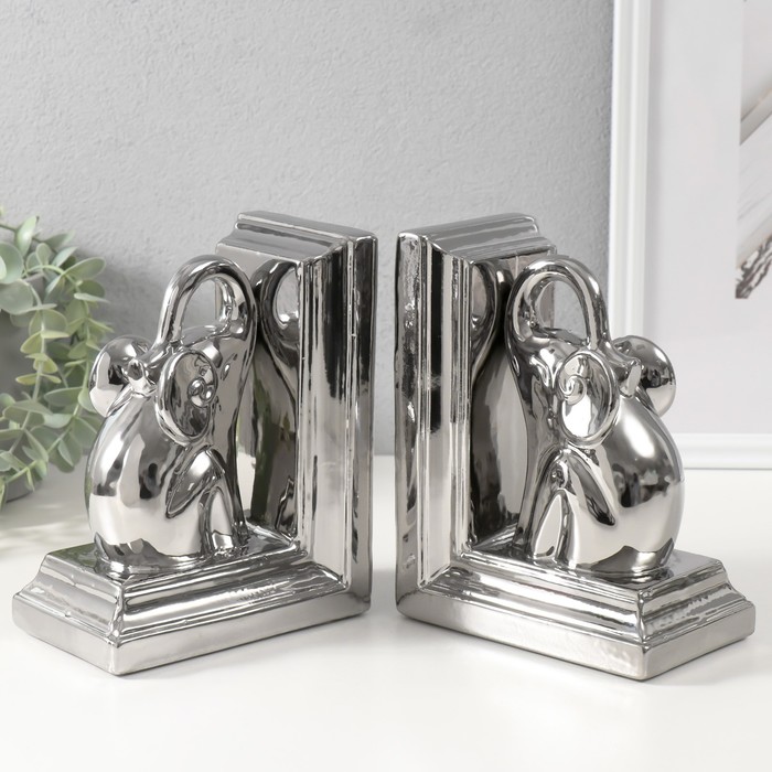 Держатели для книг керамика "Слоны" набор 2 шт серебро 14,5х9х18 см - фото 1909663356