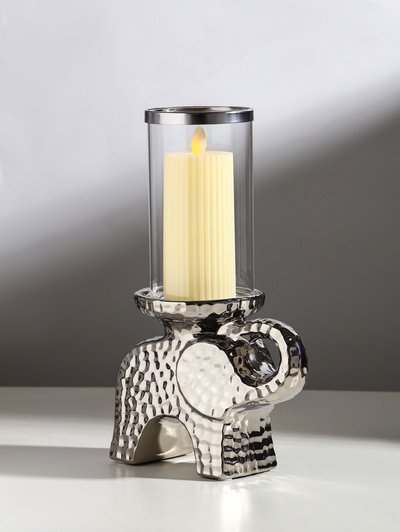 Подсвечник на 1 свечу «Слон», керамика, стекло, d=8 см, серебро, 16×10×27 см