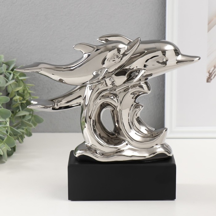 Сувенир керамика "Дельфины на волнах" серебро 7,3х22х23 см - Фото 1