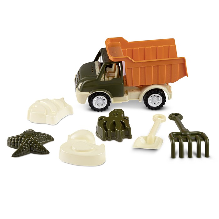 Песочный набор с грузовиком хаки-коричневый(лопатка и грабли 19см, 4 формочки) JB5300672