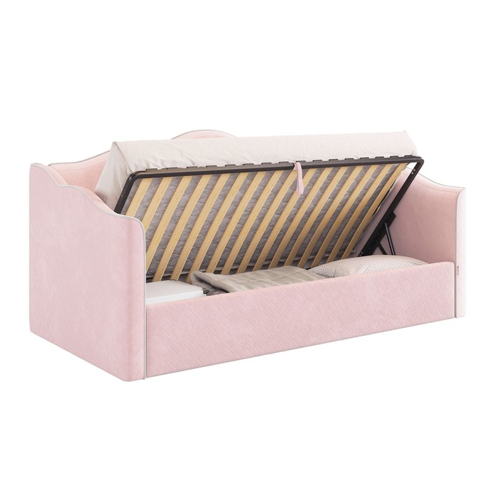 Кровать с подъемным механизмом Лея (Софа) 90х200 см, нежно-розовый (велюр)/галька (велюр) - фото 1909663622