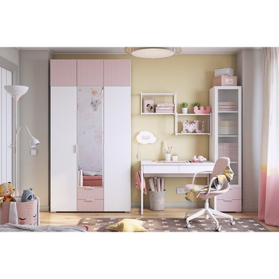 Комплект детской мебели "Зефир К1", 2700х580х2300, белое дерево/белый муар/пудра розовая