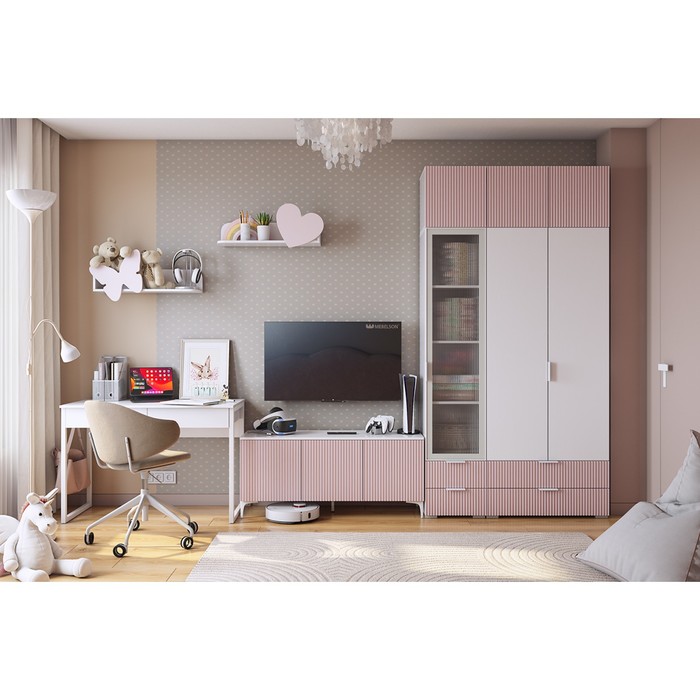 Комплект детской мебели "Зефир К2", 3500х580х2300, белое дерево/белый муар/пудра розовая (эмаль)   1