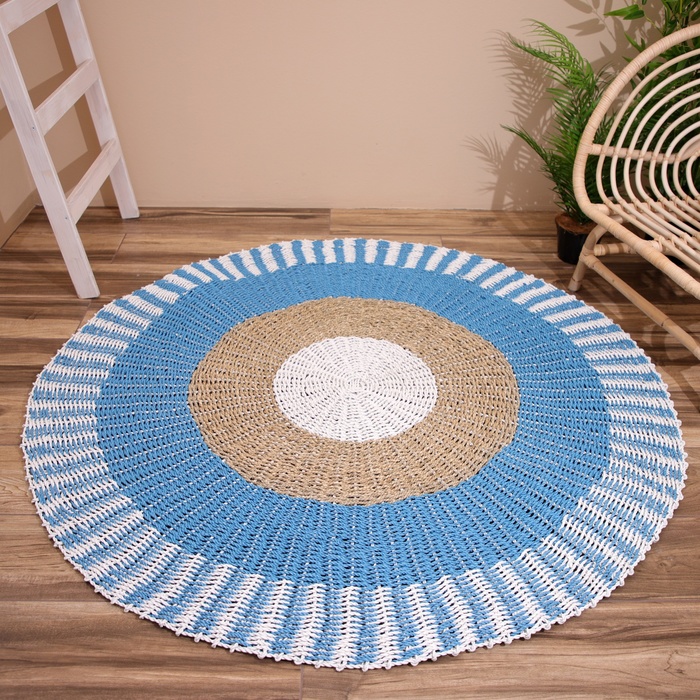 Ковёр на пол круглый натуральный плетёный «Волна», из водорослей, 150 см, голубой - Фото 1