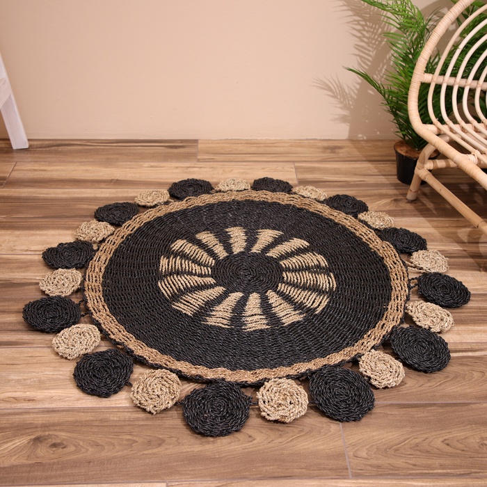 Ковёр круглый натуральный плетёный «Солнце» на пол, из водорослей, 120 см, чёрный - Фото 1