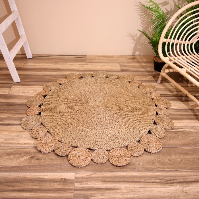 Ковёр на пол круглый натуральный плетёный «Солнце», из водорослей, 120 см, бежевый - Фото 1