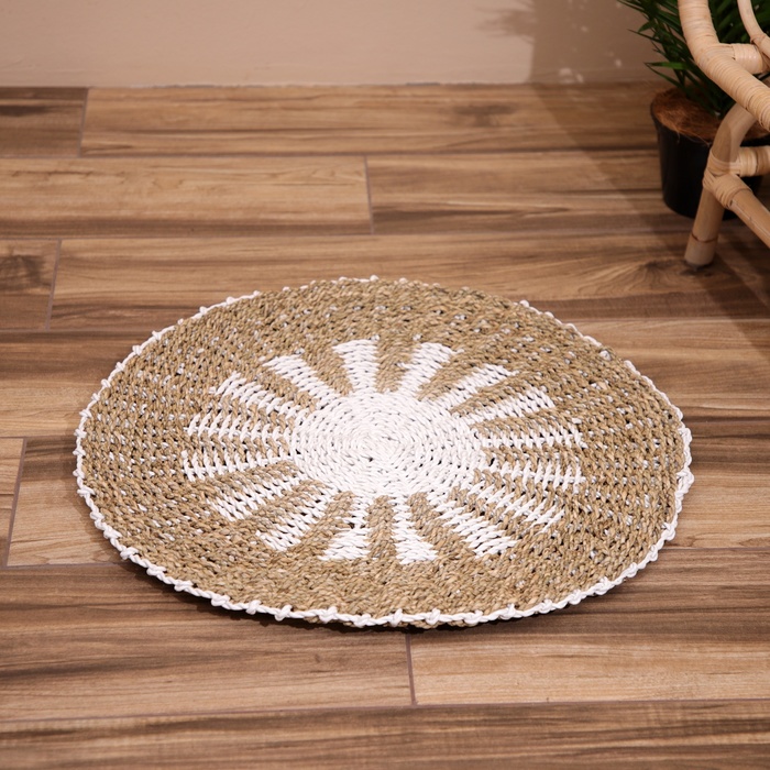 Коврик на пол круглый натуральный плетёный «Солнышко», из водорослей, 60 см, бежевый - Фото 1
