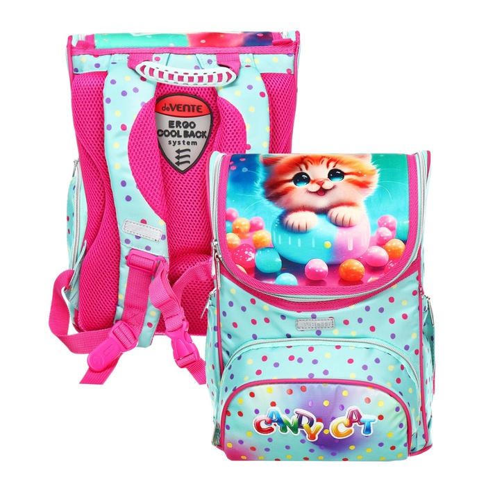 Ранец Cтандарт 35х26х20 deVENTE Mini 14L, Candy Cat , для девочек, бирюзовый/розовый - Фото 1