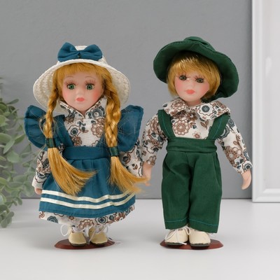 Кукла коллекционная парочка "Василиса и Захар, наряд цвета морской волны" набор 2 шт 21 см