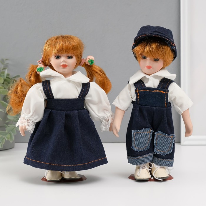 Кукла коллекционная парочка &quot;Оля и Слава, джинсовый наряд&quot; набор 2 шт 19 см