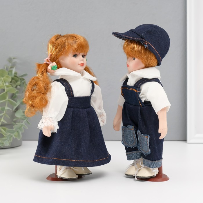 Кукла коллекционная парочка "Оля и Слава, джинсовый наряд" набор 2 шт 19 см - фото 1911137318
