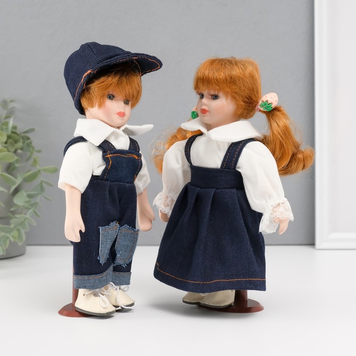 Кукла коллекционная парочка "Оля и Слава, джинсовый наряд" набор 2 шт 19 см - фото 1911137319