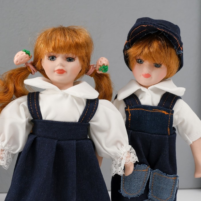 Кукла коллекционная парочка "Оля и Слава, джинсовый наряд" набор 2 шт 19 см - фото 1911137321