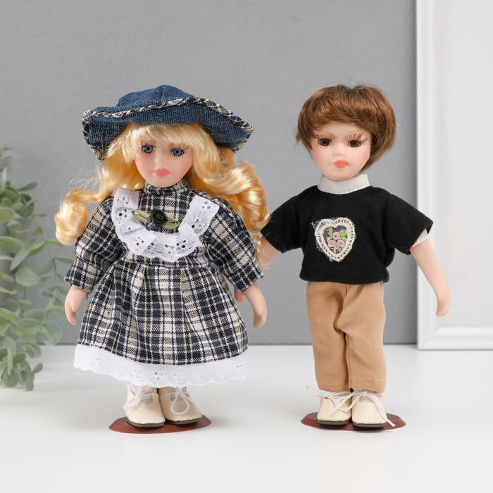 Кукла коллекционная парочка &quot;Лена и Серёжа, клетчатый наряд&quot; набор 2 шт 21 см