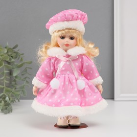 Кукла коллекционная керамика "Малышка Лиза в розовом платье в горох, с мехом" 21 см