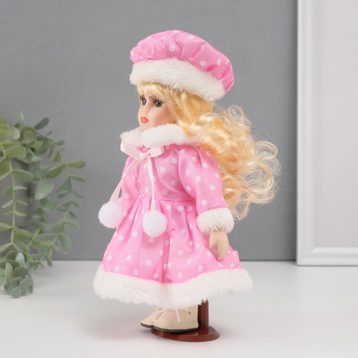 Кукла коллекционная керамика "Малышка Лиза в розовом платье в горох, с мехом" 21 см - фото 1911137328