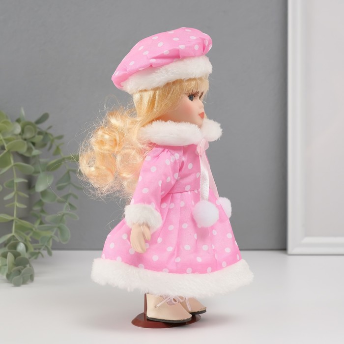 Кукла коллекционная керамика "Малышка Лиза в розовом платье в горох, с мехом" 21 см - фото 1911137329
